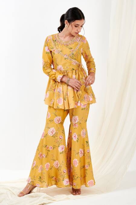 Buy_Label Flamingo By Vrinda_Yellow Cotton, Silk Crystals, Embroidery Round Rose Print Angarkha Top With Pant _Online_at_Aza_Fashions