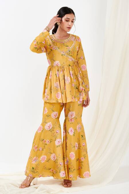 Shop_Label Flamingo By Vrinda_Yellow Cotton, Silk Crystals, Embroidery Round Rose Print Angarkha Top With Pant _Online_at_Aza_Fashions