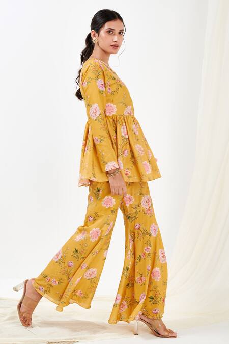 Label Flamingo By Vrinda_Yellow Cotton, Silk Crystals, Embroidery Round Rose Print Angarkha Top With Pant _at_Aza_Fashions