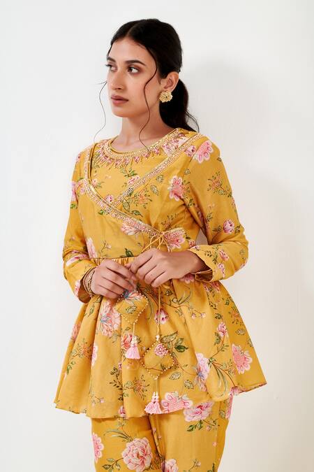 Buy_Label Flamingo By Vrinda_Yellow Cotton, Silk Crystals, Embroidery Round Rose Print Angarkha Top With Pant 