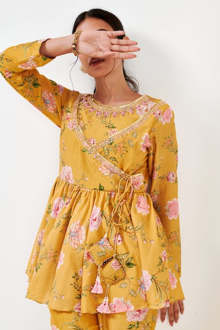 Shop_Label Flamingo By Vrinda_Yellow Cotton, Silk Crystals, Embroidery Round Rose Print Angarkha Top With Pant 