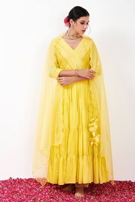 Label Flamingo By Vrinda_Yellow Cotton, Silk, Lycra, Organza Pleated Yoke Angarkha Anarkali Churidar Set _Online_at_Aza_Fashions