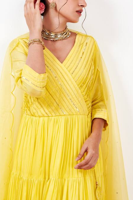 Buy_Label Flamingo By Vrinda_Yellow Cotton, Silk, Lycra, Organza Pleated Yoke Angarkha Anarkali Churidar Set _Online_at_Aza_Fashions