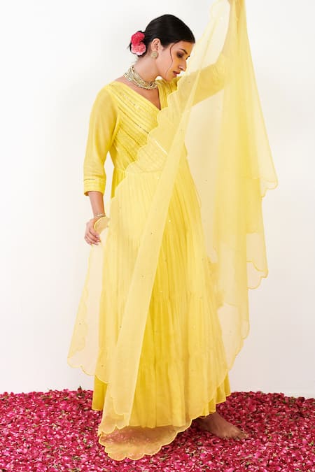 Shop_Label Flamingo By Vrinda_Yellow Cotton, Silk, Lycra, Organza Pleated Yoke Angarkha Anarkali Churidar Set _Online_at_Aza_Fashions