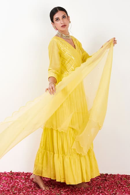 Label Flamingo By Vrinda_Yellow Cotton, Silk, Lycra, Organza Pleated Yoke Angarkha Anarkali Churidar Set _at_Aza_Fashions