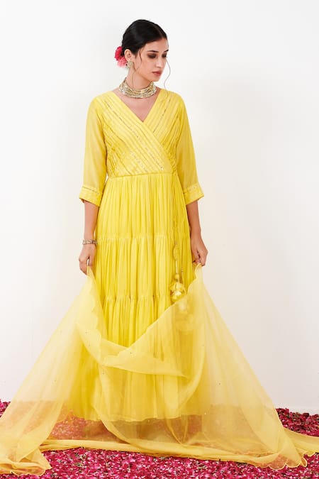 Buy_Label Flamingo By Vrinda_Yellow Cotton, Silk, Lycra, Organza Pleated Yoke Angarkha Anarkali Churidar Set 