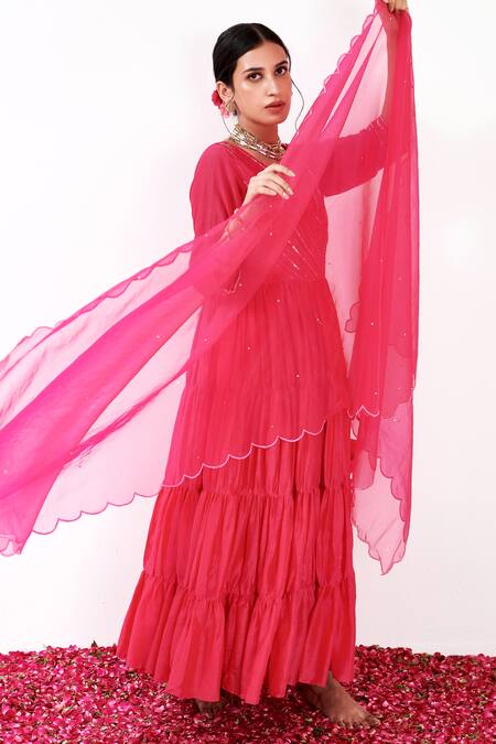 Buy Label Flamingo By Vrinda Pink Cotton, Silk, Lycra, Organza Pearls, Tiered Angarkha Anarkali Churidar Set Online at Aza Fashions Buy_Label Flamingo By Vrinda_Pink Cotton, Silk, Lycra, Organza Pearls, Tiered Angarkha Anarkali Churidar Set _Online_at_Aza_Fashions