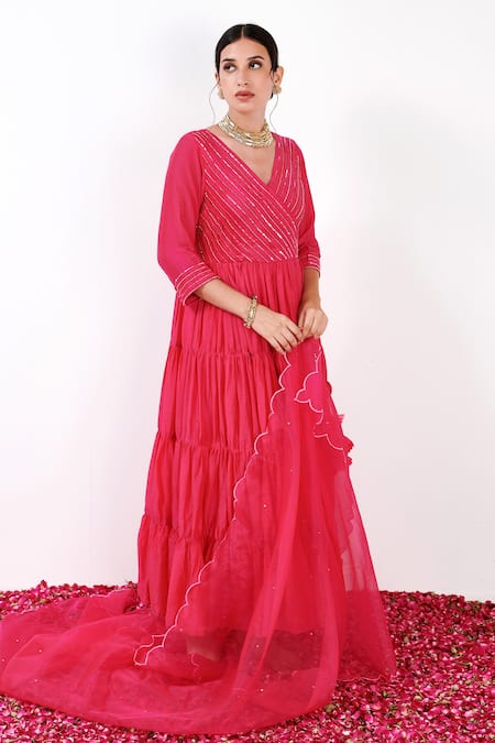 Shop Label Flamingo By Vrinda Pink Cotton, Silk, Lycra, Organza Pearls, Tiered Angarkha Anarkali Churidar Set Online at Aza Fashions Shop_Label Flamingo By Vrinda_Pink Cotton, Silk, Lycra, Organza Pearls, Tiered Angarkha Anarkali Churidar Set _Online_at_Aza_Fashions