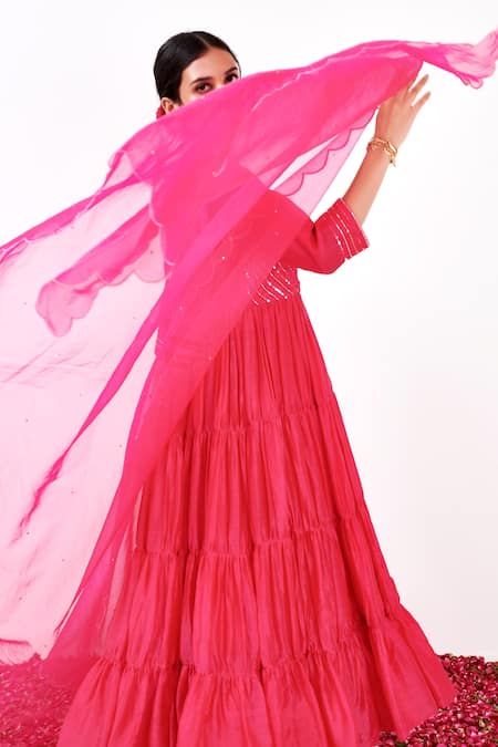 Label Flamingo By Vrinda Pink Cotton, Silk, Lycra, Organza Pearls, Tiered Angarkha Anarkali Churidar Set at Aza Fashions Label Flamingo By Vrinda_Pink Cotton, Silk, Lycra, Organza Pearls, Tiered Angarkha Anarkali Churidar Set _at_Aza_Fashions