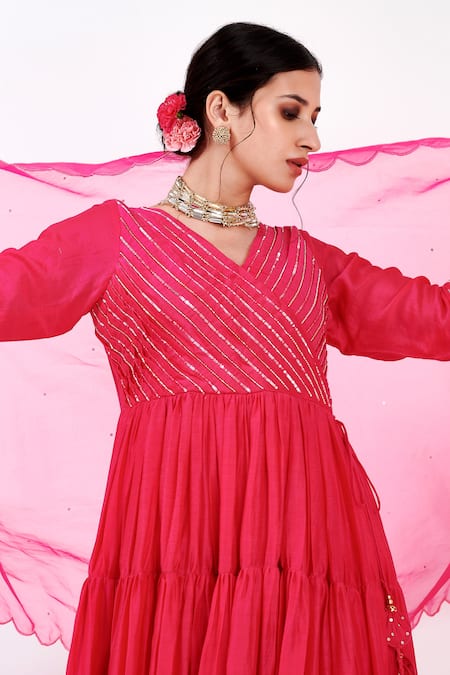 Buy Label Flamingo By Vrinda Pink Cotton, Silk, Lycra, Organza Pearls, Tiered Angarkha Anarkali Churidar Set Buy_Label Flamingo By Vrinda_Pink Cotton, Silk, Lycra, Organza Pearls, Tiered Angarkha Anarkali Churidar Set