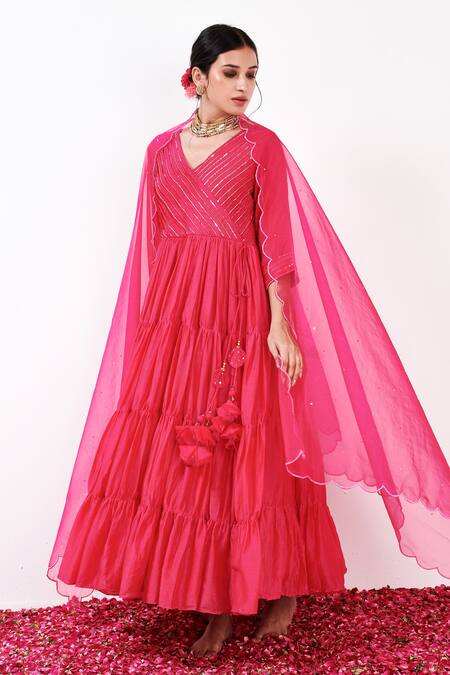 Shop Label Flamingo By Vrinda Pink Cotton, Silk, Lycra, Organza Pearls, Tiered Angarkha Anarkali Churidar Set Shop_Label Flamingo By Vrinda_Pink Cotton, Silk, Lycra, Organza Pearls, Tiered Angarkha Anarkali Churidar Set