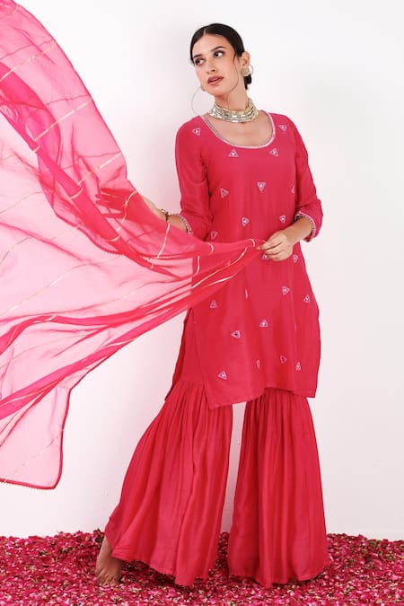 Label Flamingo By Vrinda Pink Cotton, Silk, Organza Pearls, Sequins, Mirror Embellished Kurta Sharara Set Online at Aza Fashions Label Flamingo By Vrinda_Pink Cotton, Silk, Organza Pearls, Sequins, Mirror Embellished Kurta Sharara Set _Online_at_Aza_Fashions