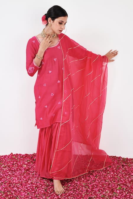 Buy Label Flamingo By Vrinda Pink Cotton, Silk, Organza Pearls, Sequins, Mirror Embellished Kurta Sharara Set Online at Aza Fashions Buy_Label Flamingo By Vrinda_Pink Cotton, Silk, Organza Pearls, Sequins, Mirror Embellished Kurta Sharara Set _Online_at_Aza_Fashions