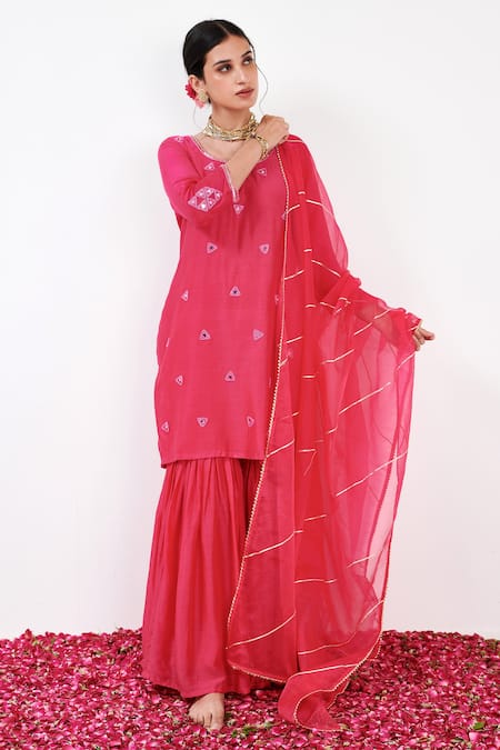 Shop Label Flamingo By Vrinda Pink Cotton, Silk, Organza Pearls, Sequins, Mirror Embellished Kurta Sharara Set Online at Aza Fashions Shop_Label Flamingo By Vrinda_Pink Cotton, Silk, Organza Pearls, Sequins, Mirror Embellished Kurta Sharara Set _Online_at_Aza_Fashions