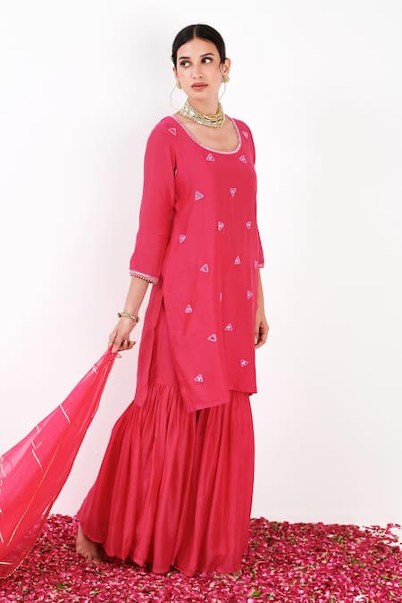 Label Flamingo By Vrinda Pink Cotton, Silk, Organza Pearls, Sequins, Mirror Embellished Kurta Sharara Set at Aza Fashions Label Flamingo By Vrinda_Pink Cotton, Silk, Organza Pearls, Sequins, Mirror Embellished Kurta Sharara Set _at_Aza_Fashions