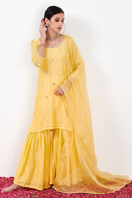 Label Flamingo By Vrinda Yellow Cotton, Silk, Organza Pearls, Sequins, Mirrorwork Kurta Sharara Set Online at Aza Fashions Label Flamingo By Vrinda_Yellow Cotton, Silk, Organza Pearls, Sequins, Mirrorwork Kurta Sharara Set _Online_at_Aza_Fashions