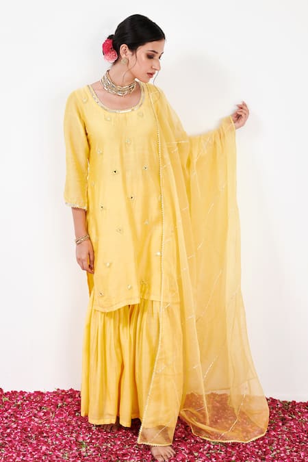 Buy Label Flamingo By Vrinda Yellow Cotton, Silk, Organza Pearls, Sequins, Mirrorwork Kurta Sharara Set Online at Aza Fashions Buy_Label Flamingo By Vrinda_Yellow Cotton, Silk, Organza Pearls, Sequins, Mirrorwork Kurta Sharara Set _Online_at_Aza_Fashions