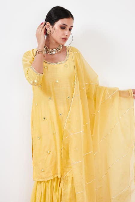 Label Flamingo By Vrinda Yellow Cotton, Silk, Organza Pearls, Sequins, Mirrorwork Kurta Sharara Set at Aza Fashions Label Flamingo By Vrinda_Yellow Cotton, Silk, Organza Pearls, Sequins, Mirrorwork Kurta Sharara Set _at_Aza_Fashions