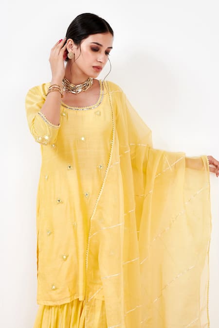 Shop Label Flamingo By Vrinda Yellow Cotton, Silk, Organza Pearls, Sequins, Mirrorwork Kurta Sharara Set Online at Aza Fashions Shop_Label Flamingo By Vrinda_Yellow Cotton, Silk, Organza Pearls, Sequins, Mirrorwork Kurta Sharara Set _Online_at_Aza_Fashions