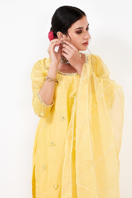 Buy Label Flamingo By Vrinda Yellow Cotton, Silk, Organza Pearls, Sequins, Mirrorwork Kurta Sharara Set Buy_Label Flamingo By Vrinda_Yellow Cotton, Silk, Organza Pearls, Sequins, Mirrorwork Kurta Sharara Set