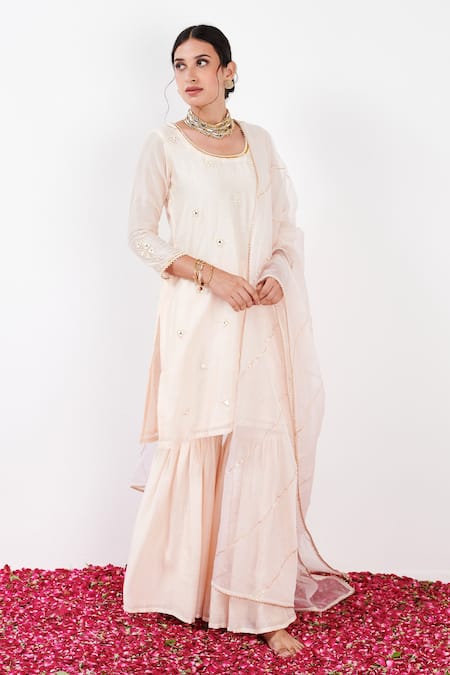 Label Flamingo By Vrinda Ivory Cotton, Silk, Organza Pearls, Mirrorwork Embellished Kurta Sharara Set Online at Aza Fashions Label Flamingo By Vrinda_Ivory Cotton, Silk, Organza Pearls, Mirrorwork Embellished Kurta Sharara Set _Online_at_Aza_Fashions