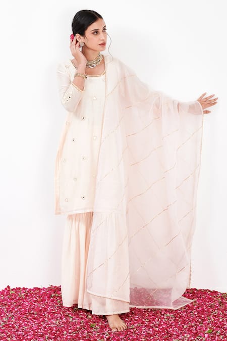 Buy Label Flamingo By Vrinda Ivory Cotton, Silk, Organza Pearls, Mirrorwork Embellished Kurta Sharara Set Online at Aza Fashions Buy_Label Flamingo By Vrinda_Ivory Cotton, Silk, Organza Pearls, Mirrorwork Embellished Kurta Sharara Set _Online_at_Aza_Fashions