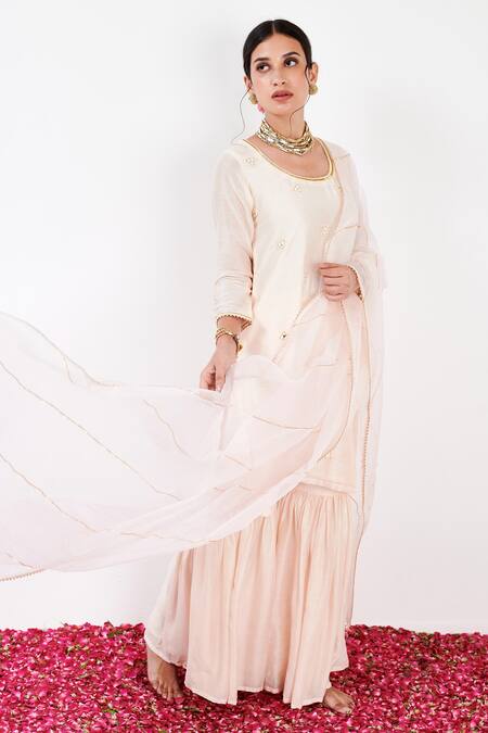 Label Flamingo By Vrinda Ivory Cotton, Silk, Organza Pearls, Mirrorwork Embellished Kurta Sharara Set at Aza Fashions Label Flamingo By Vrinda_Ivory Cotton, Silk, Organza Pearls, Mirrorwork Embellished Kurta Sharara Set _at_Aza_Fashions