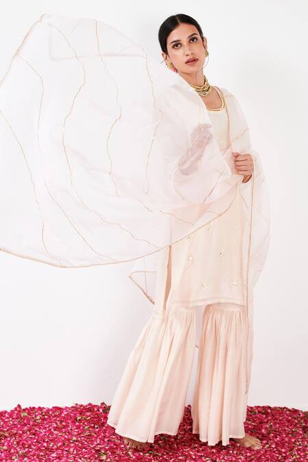 Buy Label Flamingo By Vrinda Ivory Cotton, Silk, Organza Pearls, Mirrorwork Embellished Kurta Sharara Set Buy_Label Flamingo By Vrinda_Ivory Cotton, Silk, Organza Pearls, Mirrorwork Embellished Kurta Sharara Set