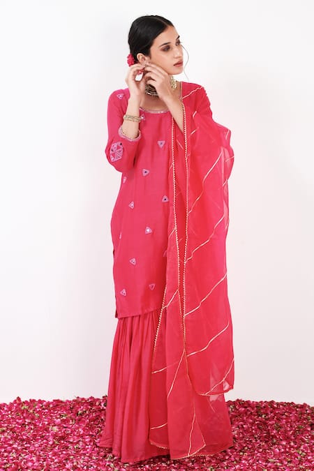 Buy Label Flamingo By Vrinda Pink Cotton, Silk, Organza Pearls, Sequins, Mirror Embellished Kurta Sharara Set Buy_Label Flamingo By Vrinda_Pink Cotton, Silk, Organza Pearls, Sequins, Mirror Embellished Kurta Sharara Set