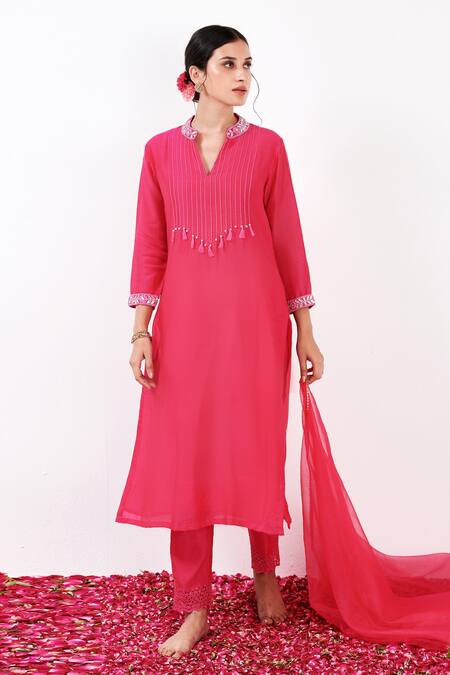 Label Flamingo By Vrinda Pink Cotton, Silk, Organza Pearls, Sequins, Pintuck Bodice Kurta Pant Set Online at Aza Fashions Label Flamingo By Vrinda_Pink Cotton, Silk, Organza Pearls, Sequins, Pintuck Bodice Kurta Pant Set _Online_at_Aza_Fashions