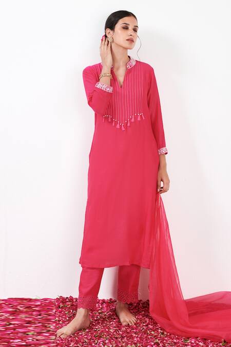 Buy Label Flamingo By Vrinda Pink Cotton, Silk, Organza Pearls, Sequins, Pintuck Bodice Kurta Pant Set Online at Aza Fashions Buy_Label Flamingo By Vrinda_Pink Cotton, Silk, Organza Pearls, Sequins, Pintuck Bodice Kurta Pant Set _Online_at_Aza_Fashions