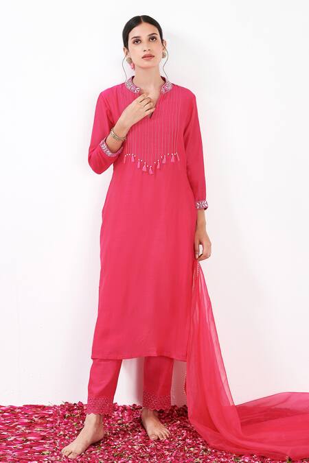 Shop Label Flamingo By Vrinda Pink Cotton, Silk, Organza Pearls, Sequins, Pintuck Bodice Kurta Pant Set Online at Aza Fashions Shop_Label Flamingo By Vrinda_Pink Cotton, Silk, Organza Pearls, Sequins, Pintuck Bodice Kurta Pant Set _Online_at_Aza_Fashions