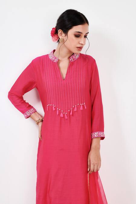 Label Flamingo By Vrinda Pink Cotton, Silk, Organza Pearls, Sequins, Pintuck Bodice Kurta Pant Set at Aza Fashions Label Flamingo By Vrinda_Pink Cotton, Silk, Organza Pearls, Sequins, Pintuck Bodice Kurta Pant Set _at_Aza_Fashions