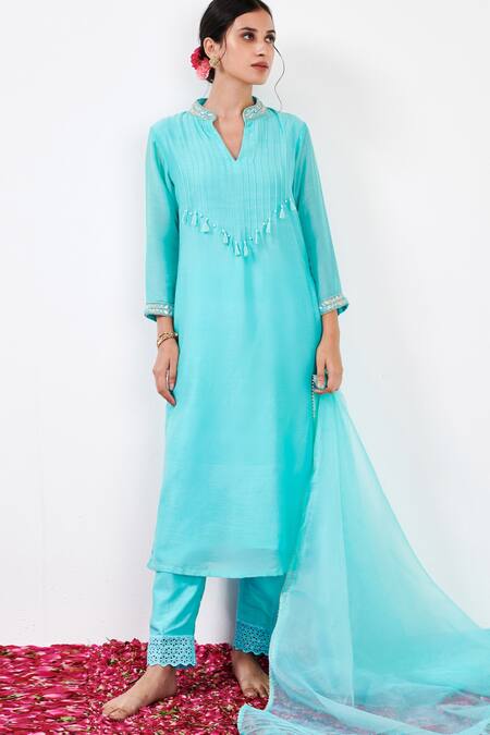 Label Flamingo By Vrinda_Blue Cotton, Silk, Organza Pearls, Sequins, Crystals, Pintuck Kurta Set _Online_at_Aza_Fashions