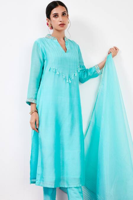 Buy_Label Flamingo By Vrinda_Blue Cotton, Silk, Organza Pearls, Sequins, Crystals, Pintuck Kurta Set _Online_at_Aza_Fashions