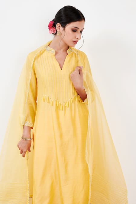 Shop_Label Flamingo By Vrinda_Yellow Cotton, Silk, Organza, Lycra Pearls, Sequins, Straight Kurta Pant Set _Online_at_Aza_Fashions