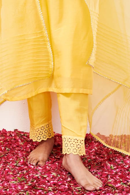 Label Flamingo By Vrinda_Yellow Cotton, Silk, Organza, Lycra Pearls, Sequins, Straight Kurta Pant Set _at_Aza_Fashions