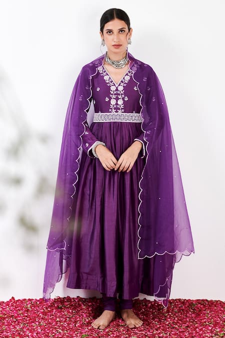 Label Flamingo By Vrinda Purple Cotton, Silk, Lycra, Organza Floral Embroidered Anarkali Churidar Set Online at Aza Fashions Label Flamingo By Vrinda_Purple Cotton, Silk, Lycra, Organza Floral Embroidered Anarkali Churidar Set _Online_at_Aza_Fashions