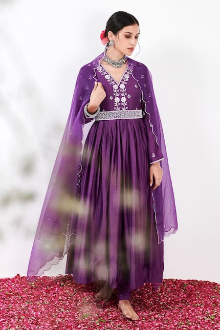 Buy Label Flamingo By Vrinda Purple Cotton, Silk, Lycra, Organza Floral Embroidered Anarkali Churidar Set Online at Aza Fashions Buy_Label Flamingo By Vrinda_Purple Cotton, Silk, Lycra, Organza Floral Embroidered Anarkali Churidar Set _Online_at_Aza_Fashions