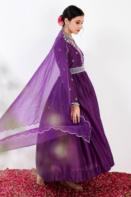 Shop Label Flamingo By Vrinda Purple Cotton, Silk, Lycra, Organza Floral Embroidered Anarkali Churidar Set Online at Aza Fashions Shop_Label Flamingo By Vrinda_Purple Cotton, Silk, Lycra, Organza Floral Embroidered Anarkali Churidar Set _Online_at_Aza_Fashions