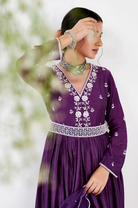 Label Flamingo By Vrinda Purple Cotton, Silk, Lycra, Organza Floral Embroidered Anarkali Churidar Set at Aza Fashions Label Flamingo By Vrinda_Purple Cotton, Silk, Lycra, Organza Floral Embroidered Anarkali Churidar Set _at_Aza_Fashions