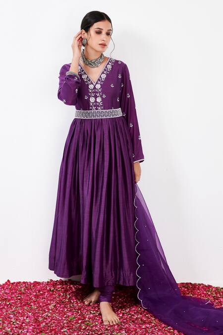 Buy Label Flamingo By Vrinda Purple Cotton, Silk, Lycra, Organza Floral Embroidered Anarkali Churidar Set Buy_Label Flamingo By Vrinda_Purple Cotton, Silk, Lycra, Organza Floral Embroidered Anarkali Churidar Set