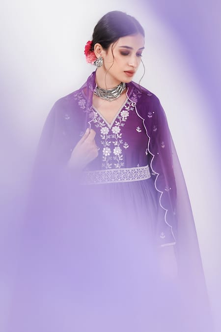 Shop Label Flamingo By Vrinda Purple Cotton, Silk, Lycra, Organza Floral Embroidered Anarkali Churidar Set Shop_Label Flamingo By Vrinda_Purple Cotton, Silk, Lycra, Organza Floral Embroidered Anarkali Churidar Set
