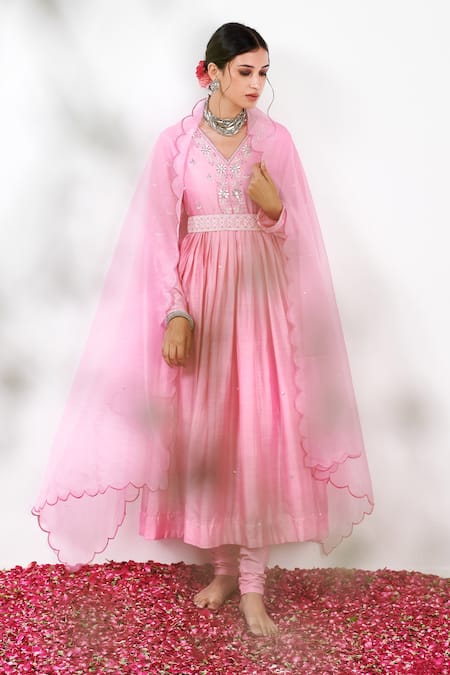 Label Flamingo By Vrinda Pink Cotton, Silk, Lycra, Organza Gota Floral Embellished Anarkali Churidar Set Online at Aza Fashions Label Flamingo By Vrinda_Pink Cotton, Silk, Lycra, Organza Gota Floral Embellished Anarkali Churidar Set _Online_at_Aza_Fashions