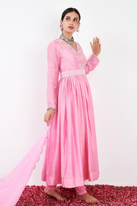 Shop Label Flamingo By Vrinda Pink Cotton, Silk, Lycra, Organza Gota Floral Embellished Anarkali Churidar Set Online at Aza Fashions Shop_Label Flamingo By Vrinda_Pink Cotton, Silk, Lycra, Organza Gota Floral Embellished Anarkali Churidar Set _Online_at_Aza_Fashions
