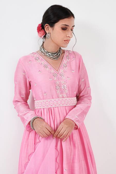 Buy Label Flamingo By Vrinda Pink Cotton, Silk, Lycra, Organza Gota Floral Embellished Anarkali Churidar Set Buy_Label Flamingo By Vrinda_Pink Cotton, Silk, Lycra, Organza Gota Floral Embellished Anarkali Churidar Set