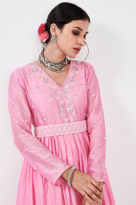 Shop Label Flamingo By Vrinda Pink Cotton, Silk, Lycra, Organza Gota Floral Embellished Anarkali Churidar Set Shop_Label Flamingo By Vrinda_Pink Cotton, Silk, Lycra, Organza Gota Floral Embellished Anarkali Churidar Set