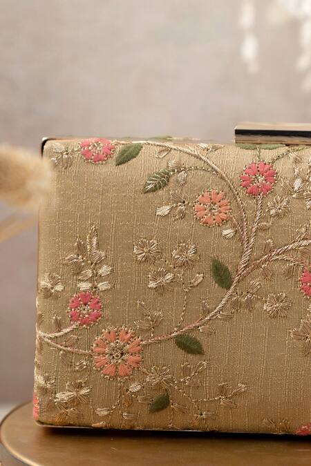 Amyra_Gold Embroidery Floral Creeper Box Clutch _Online_at_Aza_Fashions