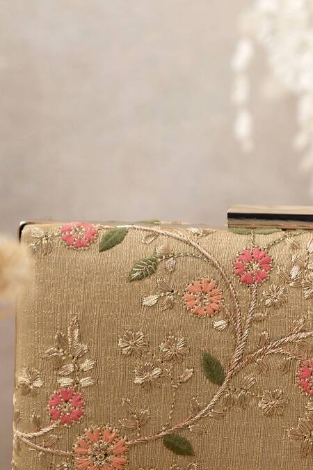 Shop_Amyra_Gold Embroidery Floral Creeper Box Clutch _Online_at_Aza_Fashions