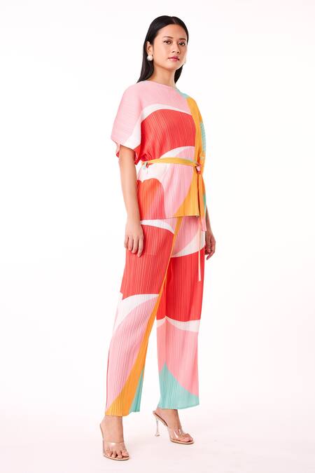 Shop_Scarlet Sage_Multi Color Polyester Round Neck Francesca Abstract Print Pant Co-ord Set_Online_at_Aza_Fashions